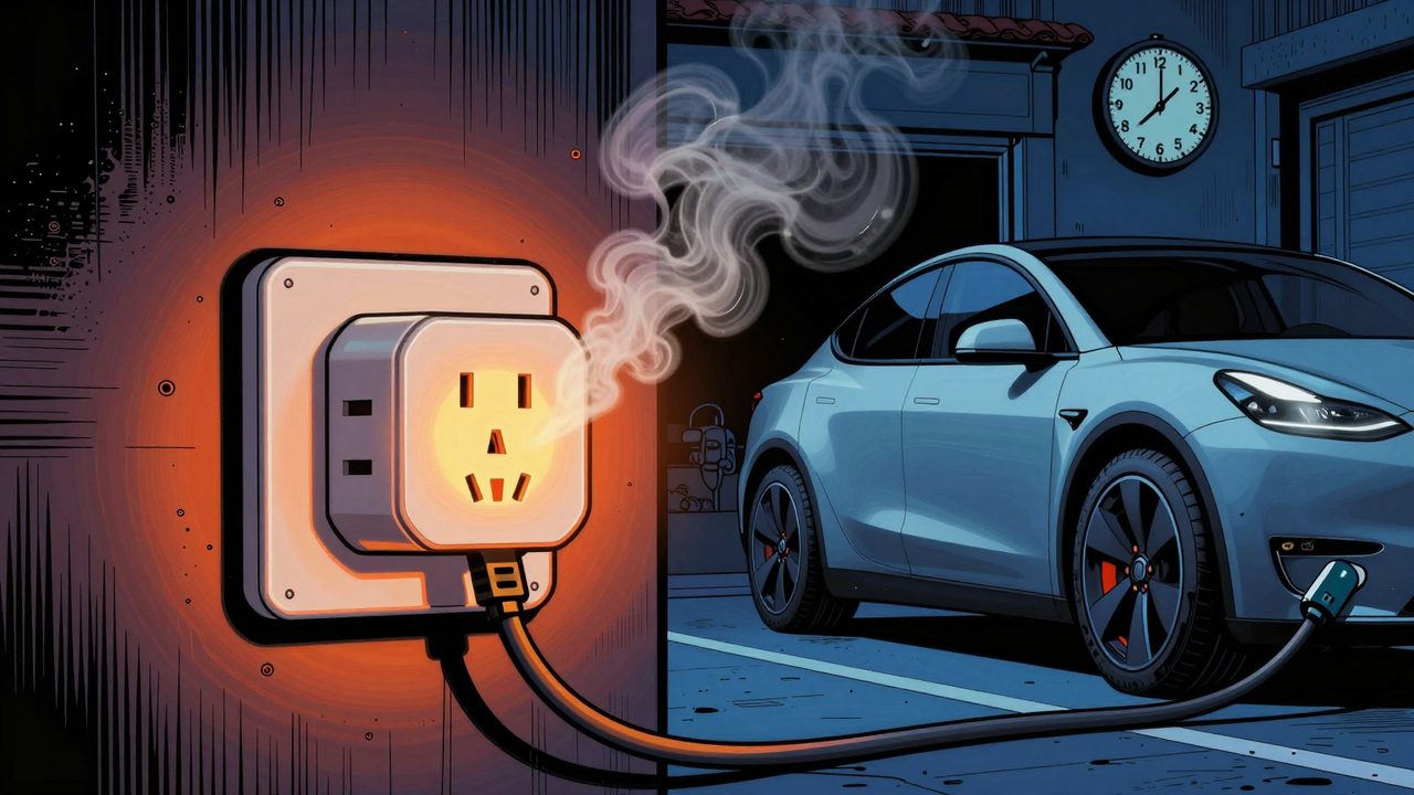 Ilustración de un enchufe inteligente sobrecalentado y humeante mientras carga un coche eléctrico de noche