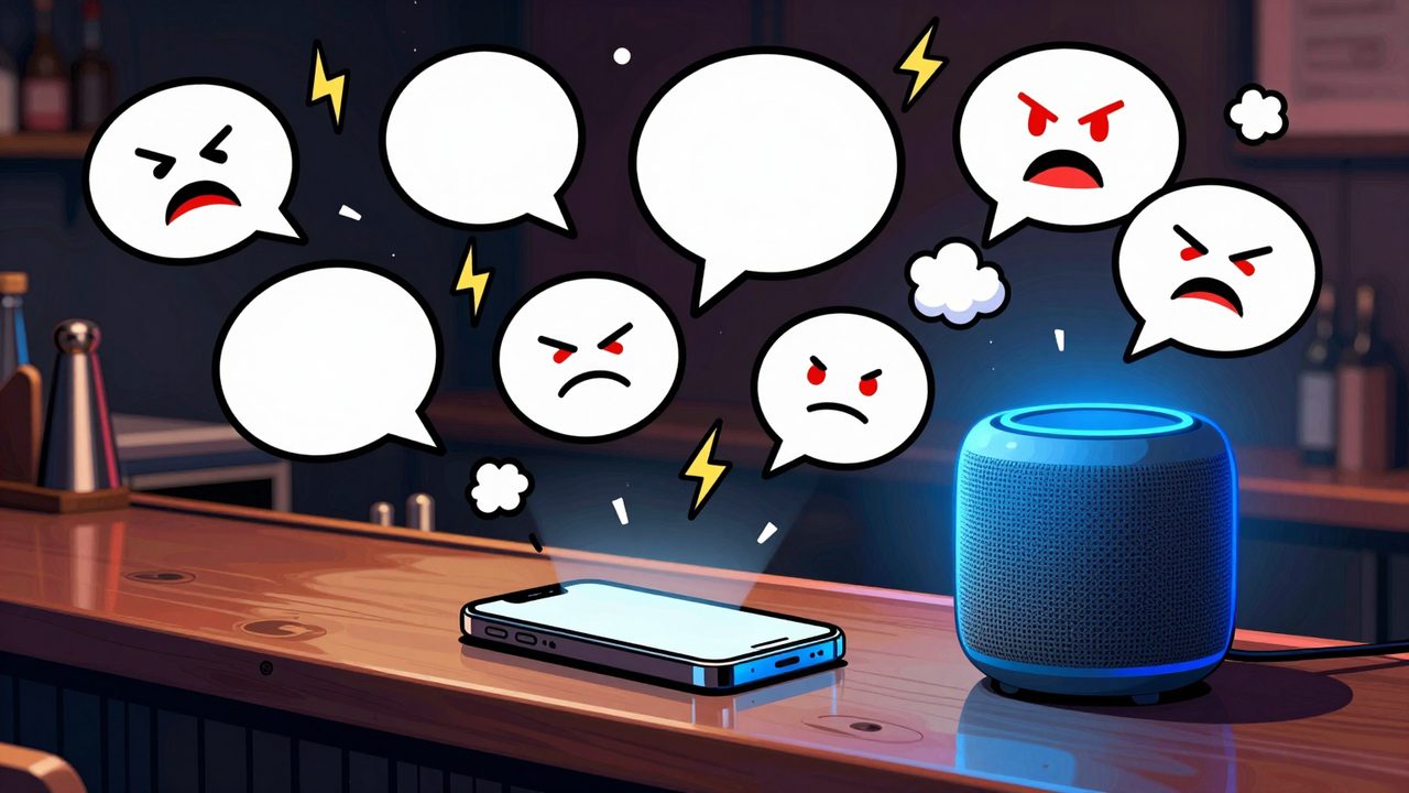 Ilustración de un móvil sobre la barra de un bar bombardeado por bocadillos con emojis enfadados mientras un altavoz inteligente brilla tranquilo