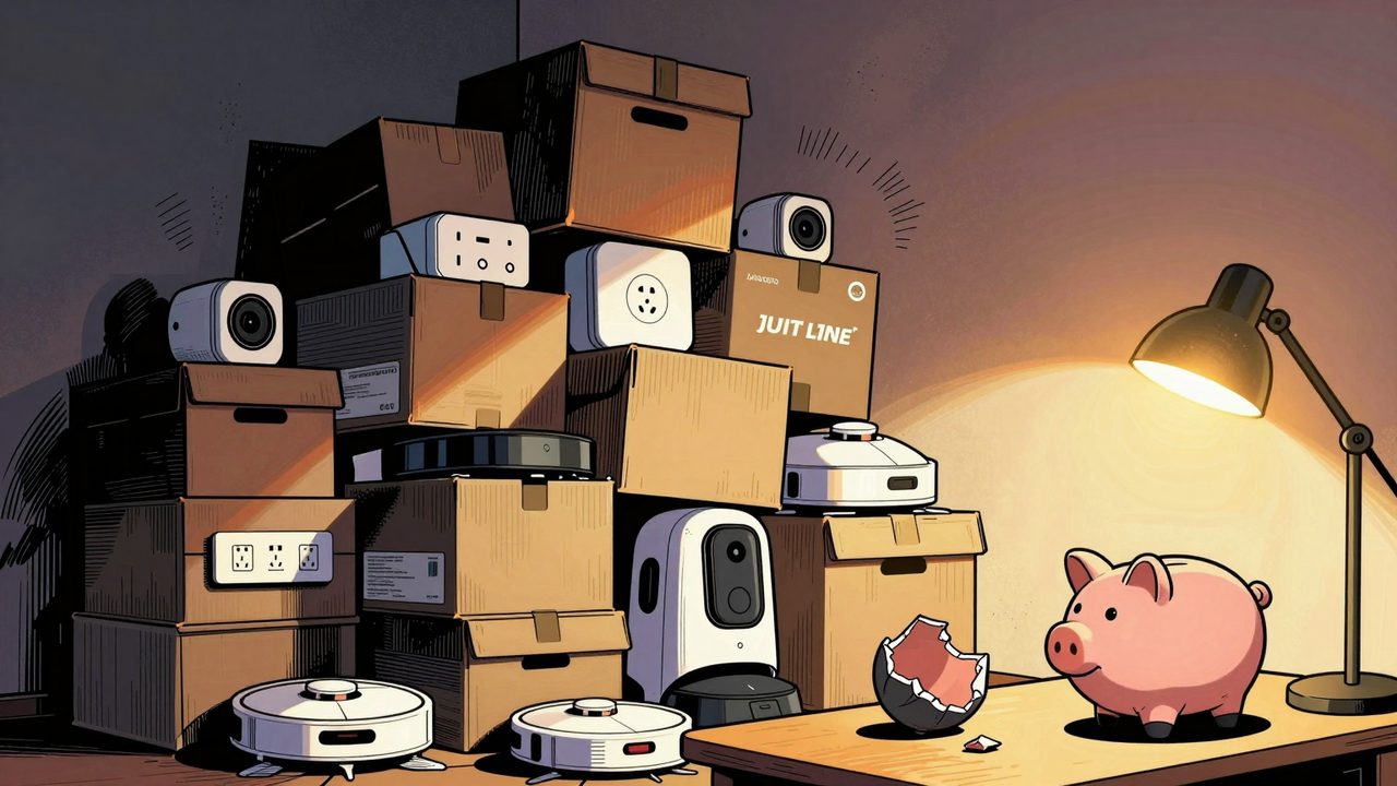 Ilustración de una montaña tambaleante de cajas de gadgets domóticos junto a una hucha vacía y rota sobre un escritorio