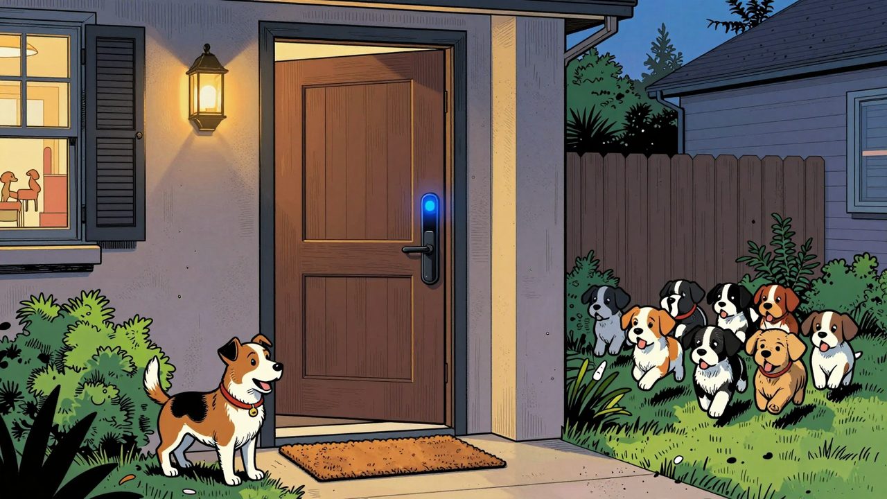 Ilustración de una puerta que se abre sola al atardecer con una cerradura inteligente iluminada y varios perros corriendo hacia la entrada
