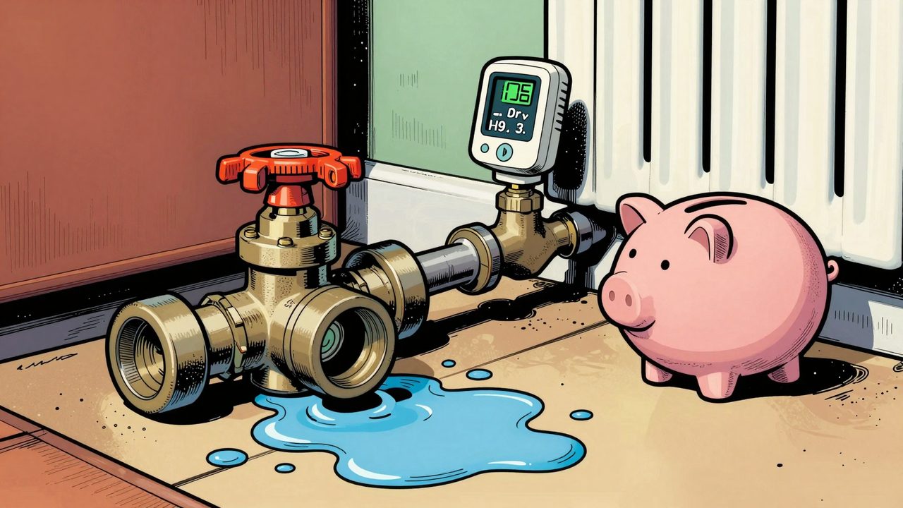 Ilustración de un sensor de inundación en el suelo de una cocina que activa una electroválvula para cortar el agua, junto a un radiador con válvula inteligente y una hucha a salvo