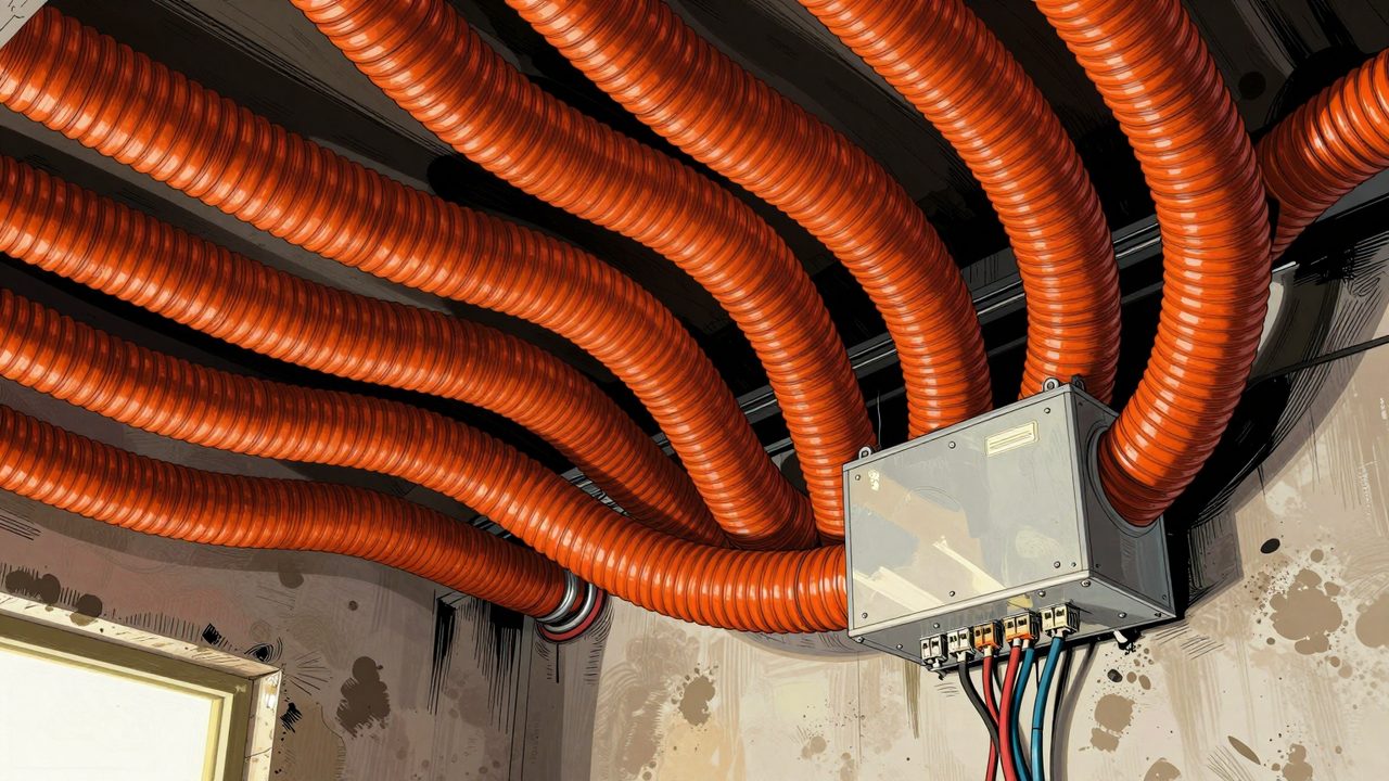 Ilustración de un falso techo abierto lleno de tubos corrugados naranjas gruesos que bajan hacia una gran caja de registro con cables de red asomando