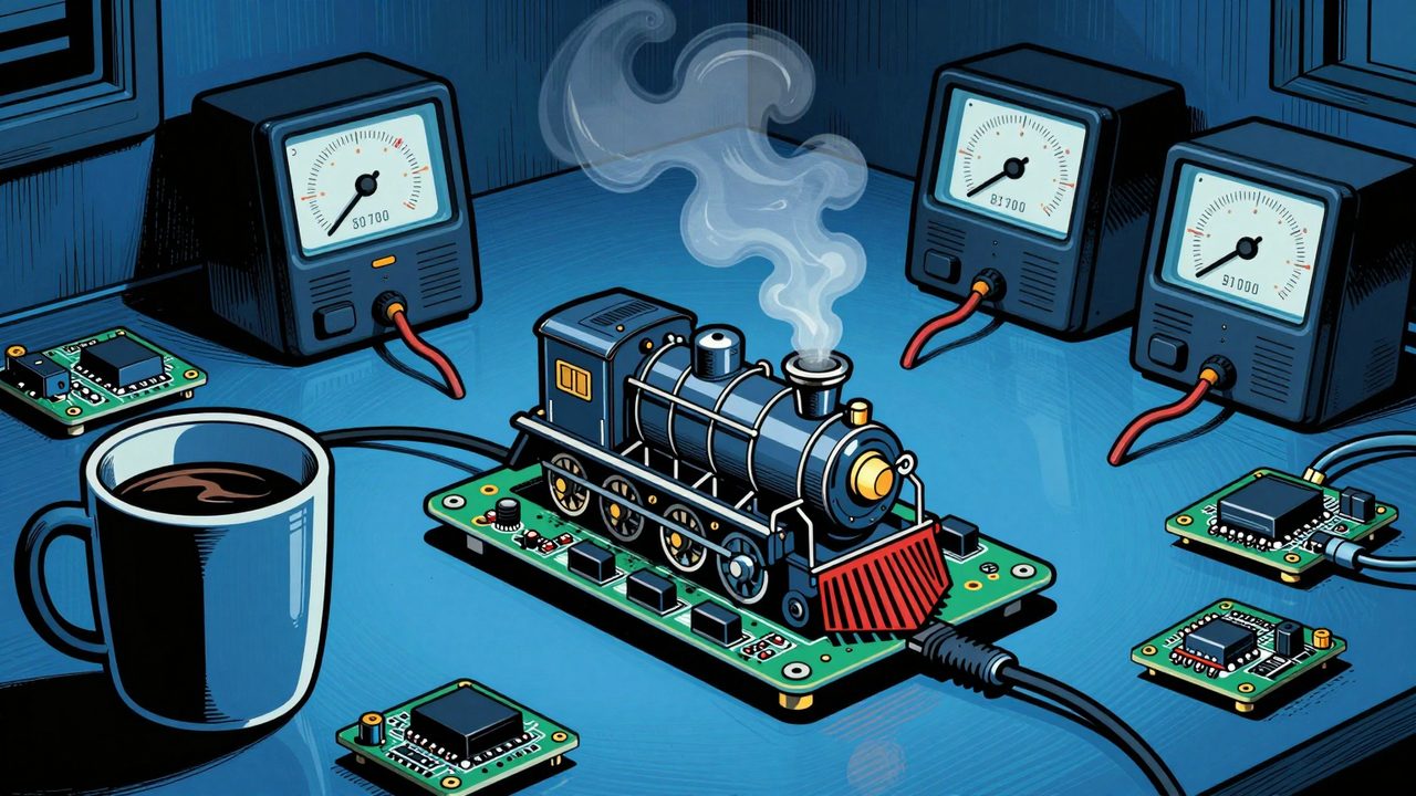Ilustración de un pequeño ordenador de placa sobrecalentado echando vapor, rodeado de sensores y medidores de energía con las agujas a cero