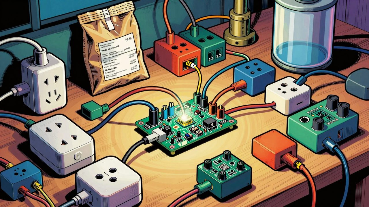 Ilustración de un banco de trabajo donde muchos enchufes y módulos inteligentes distintos se conectan con cables a una pequeña placa central que brilla