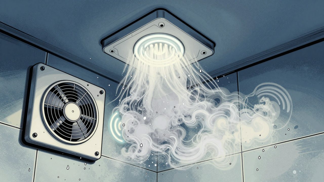 Ilustración de un baño lleno de vapor con un pequeño sensor en el techo de la ducha y un ventilador extrayendo el vaho a toda velocidad