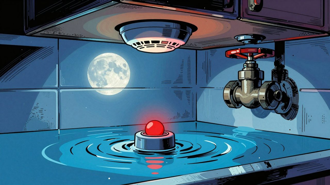 Ilustración de una cocina inundada de noche con un sensor de fugas flotando y parpadeando en rojo, un detector de humo en el techo y una válvula de corte en la tubería