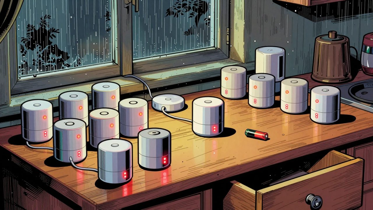Ilustración de una mesa llena de sensores domóticos con la batería agotada junto a un cajón vacío y una única pila de botón gastada un domingo lluvioso