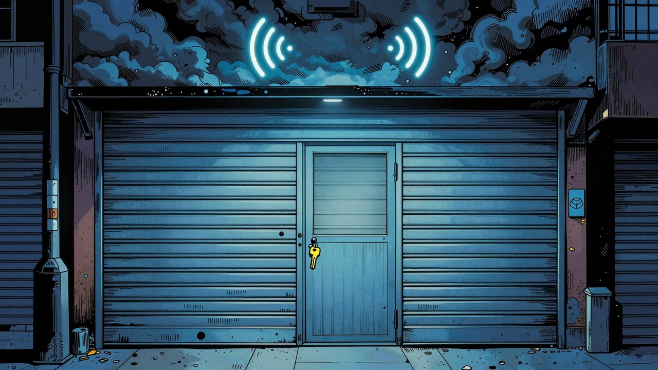 Ilustración de una tienda de noche con la persiana metálica atascada a medias bajo una nube de tormenta que corta la señal inalámbrica, y una llave de repuesto junto a la puerta