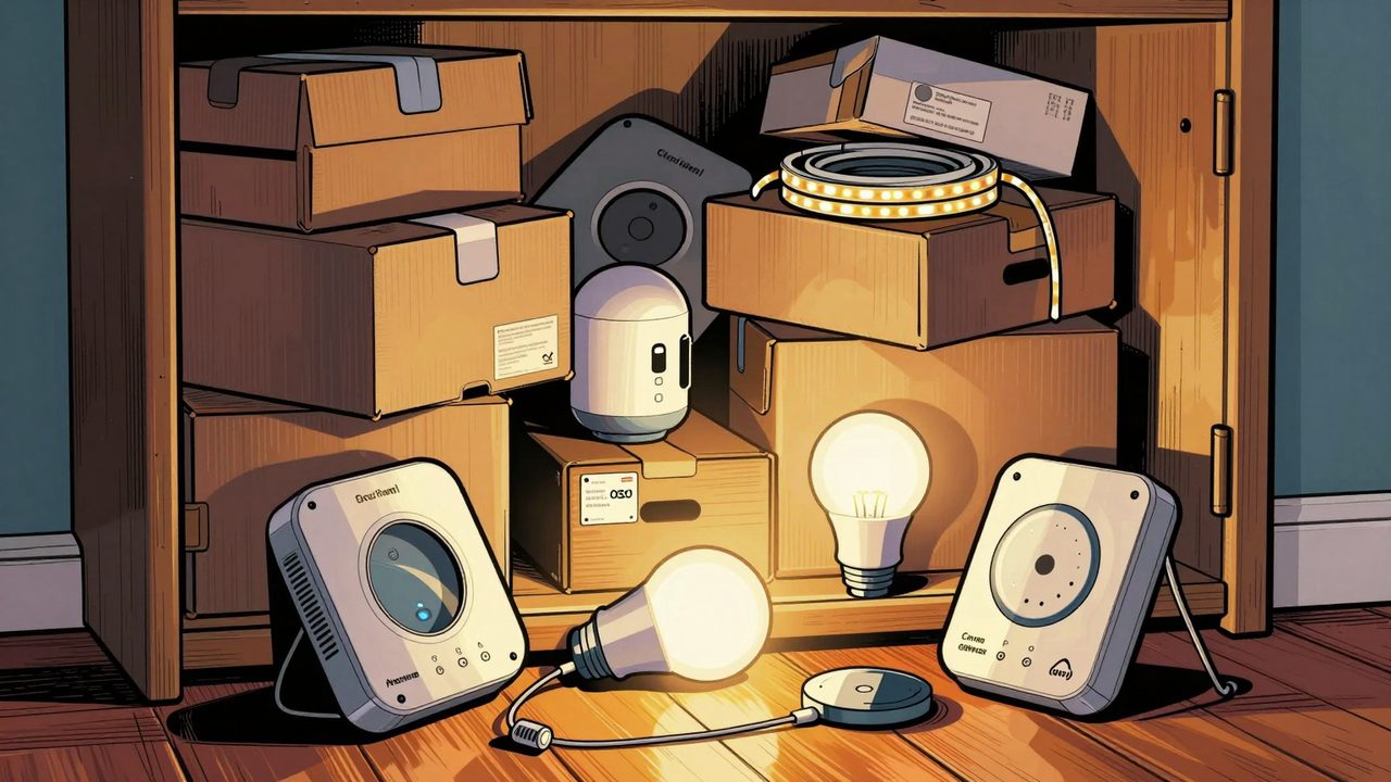 Ilustración de un armario abierto a rebosar de cajas de dispositivos domóticos sin estrenar que caen al suelo