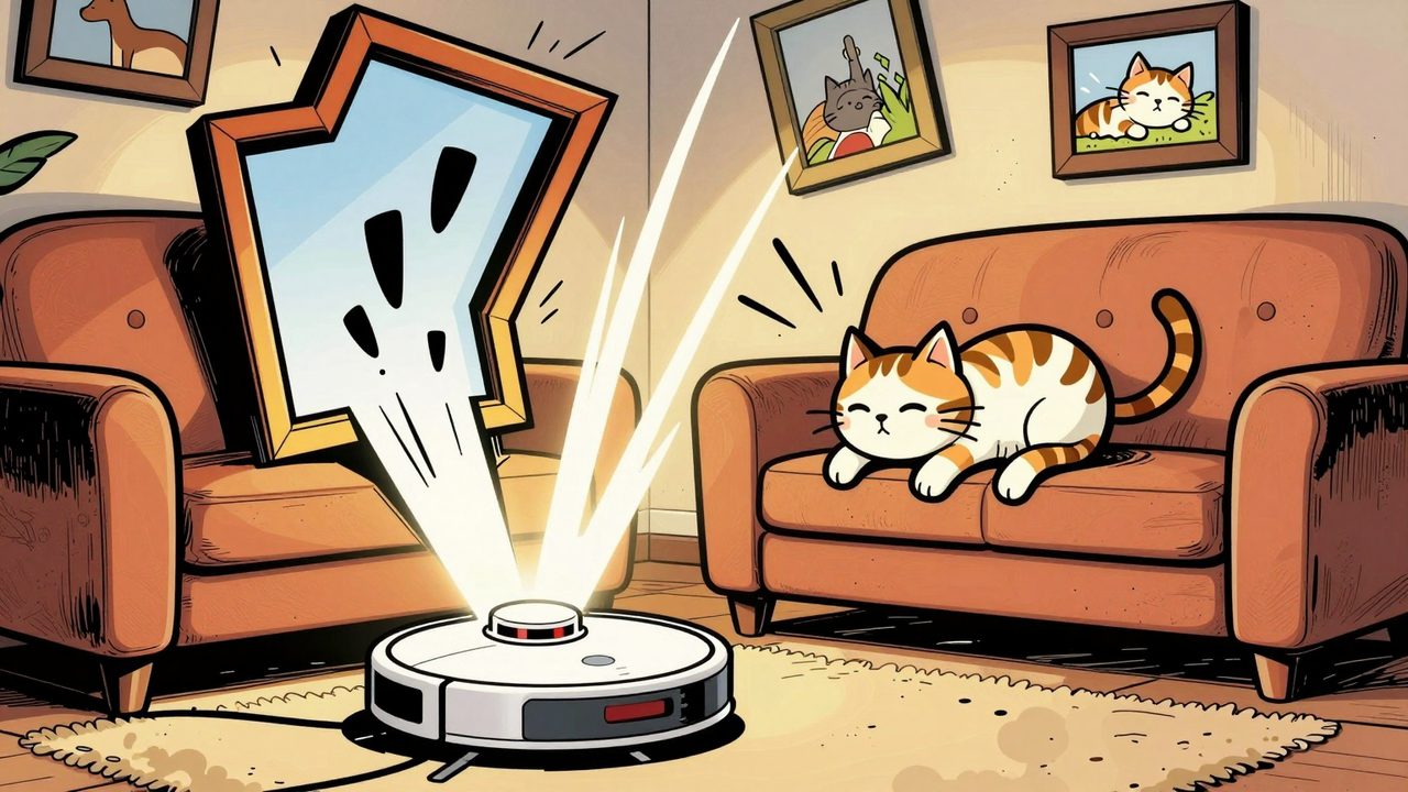 Ilustración de un robot aspirador supuestamente silencioso que hace tanto ruido que asusta a un gato dormido