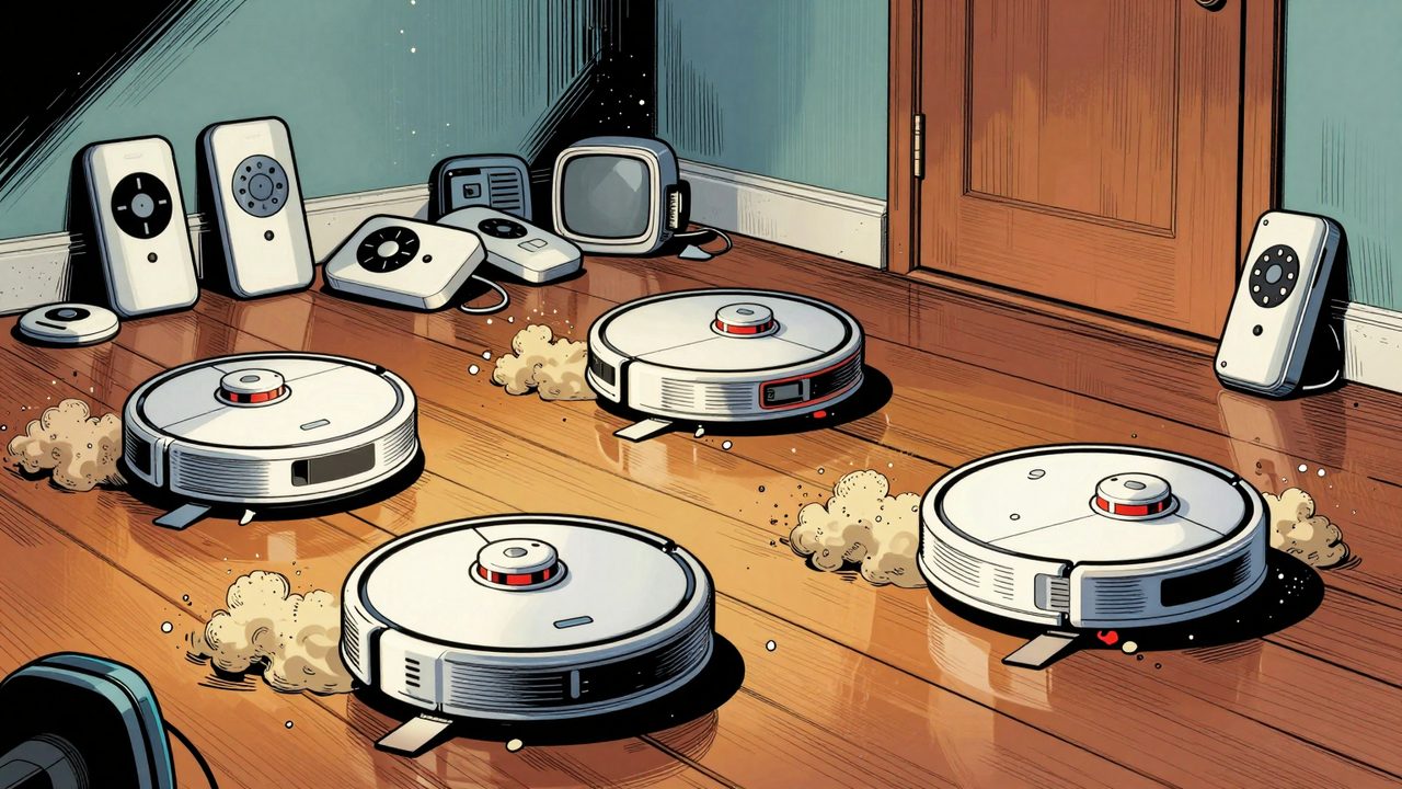 Ilustración de tres robots aspiradores compitiendo por el suelo mientras videotimbres y cerraduras olvidados acumulan polvo en un rincón