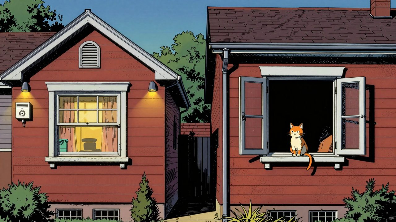 Ilustración de dos casas vecinas al atardecer, una llena de cámaras y alarmas y la otra con la ventana abierta y un gato en el alféizar