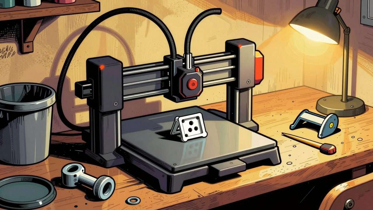 Ilustración de una impresora 3D fabricando una pieza de repuesto junto a un soporte de ducha roto en un taller