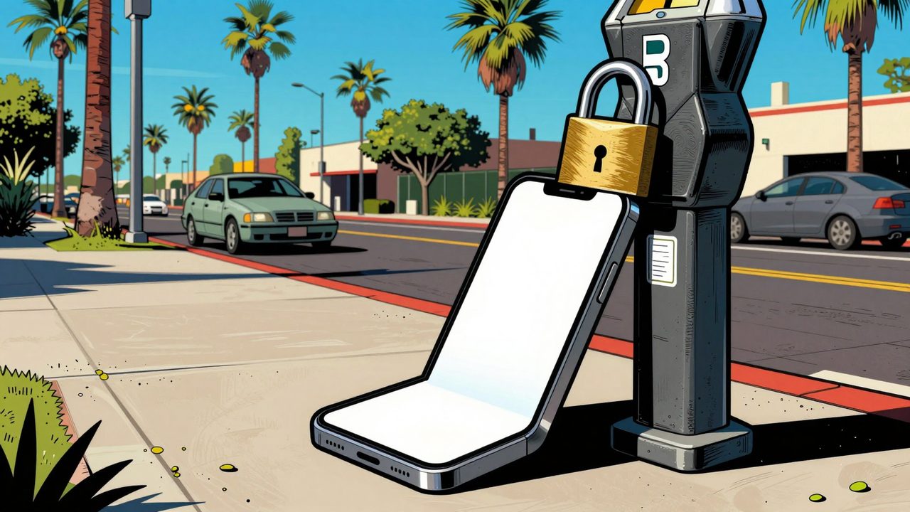 Ilustración de un parquímetro en una calle soleada con palmeras y un móvil en el bordillo con la pantalla en blanco bloqueada por un gran candado