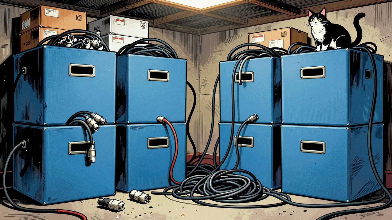 Ilustración de un trastero abarrotado de cajas grandes desbordadas de cables enredados y cajas de productos vacías, con un gato encaramado en lo alto