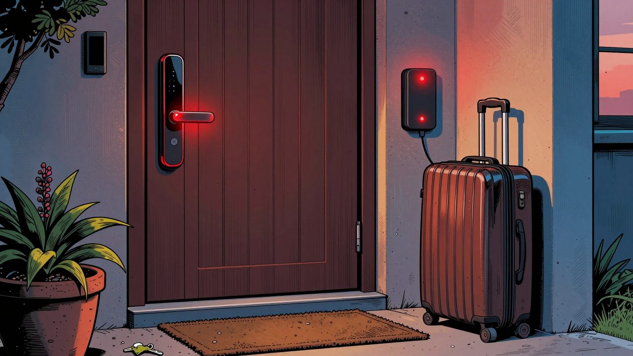 Ilustración de la puerta de una casa al anochecer con una cerradura inteligente en rojo, una maleta abandonada en el felpudo y una llave de repuesto escondida bajo una maceta