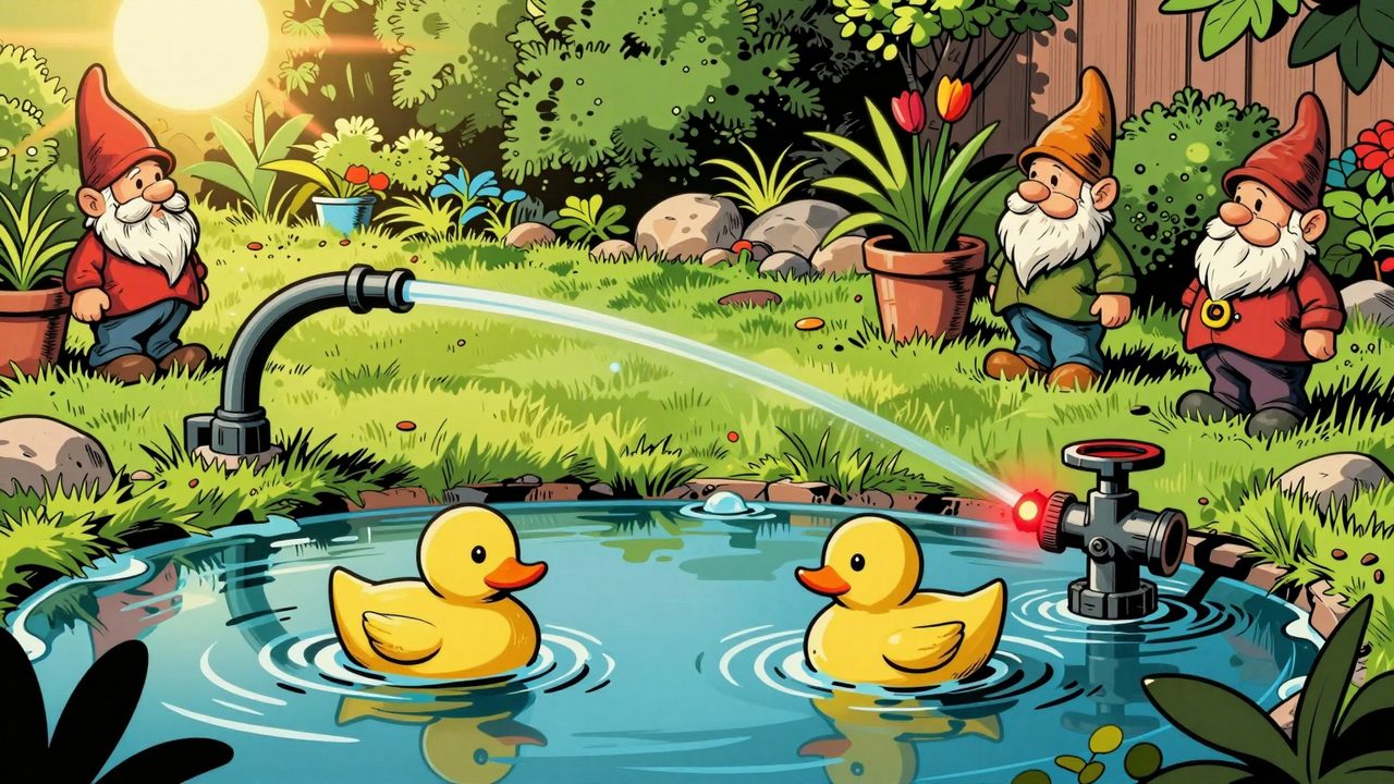 Ilustración de un jardín inundado por un riego por goteo que no se apagó en todo el fin de semana, con un patito de goma flotando entre los gnomos