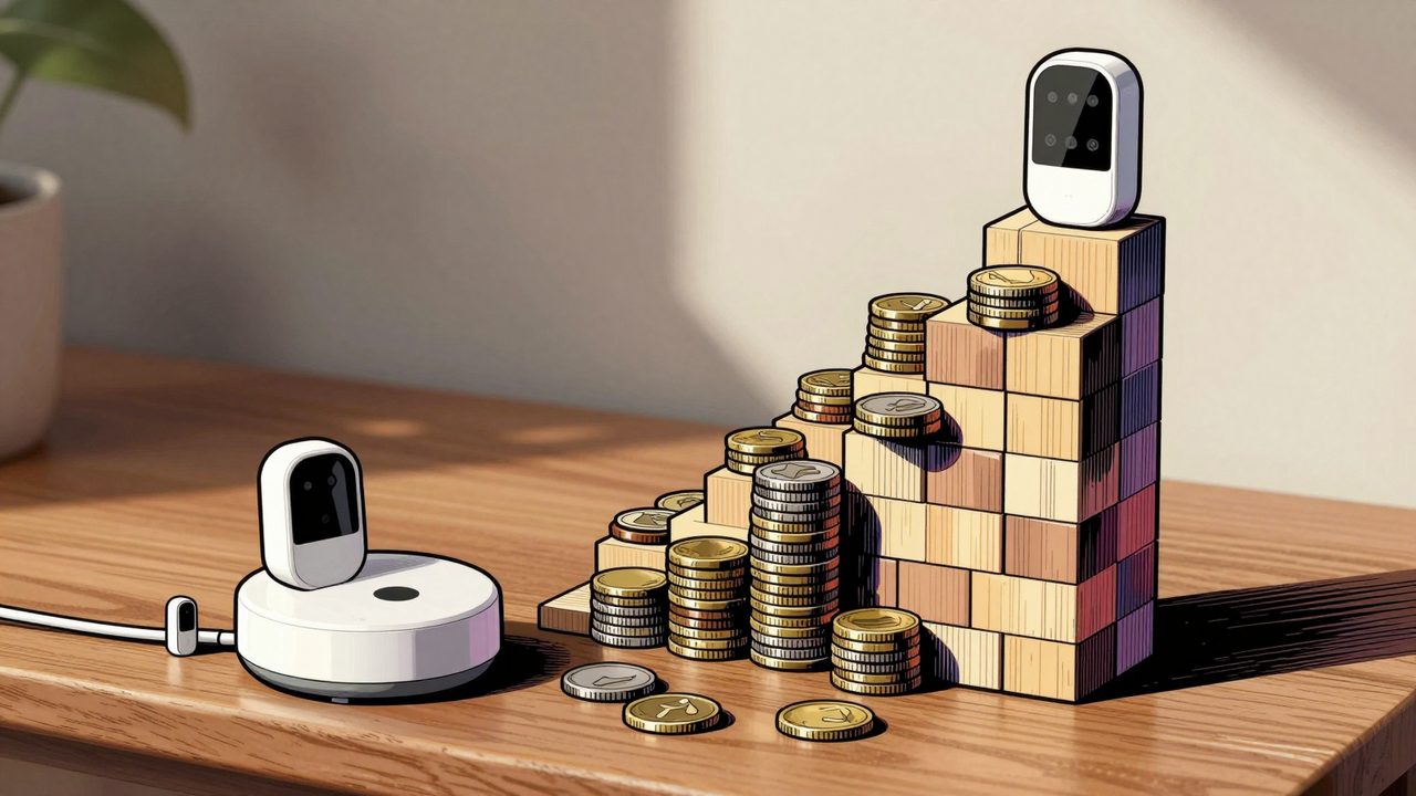 Ilustración de una central de alarma con dos sensores y una escalera de monedas y nuevos sensores que va creciendo como bloques de construcción
