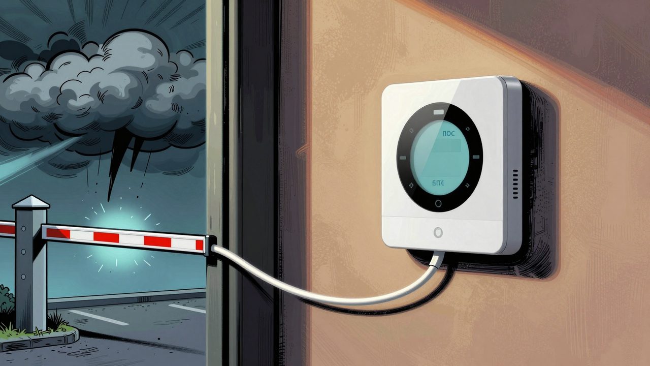 Ilustración de un termostato inteligente en la pared conectado a una nube tormentosa por un cable bloqueado con una barrera de peaje