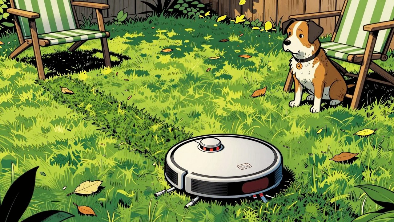 Ilustración de un robot aspirador limpiando un césped artificial en un jardín soleado mientras un perro lo mira con curiosidad