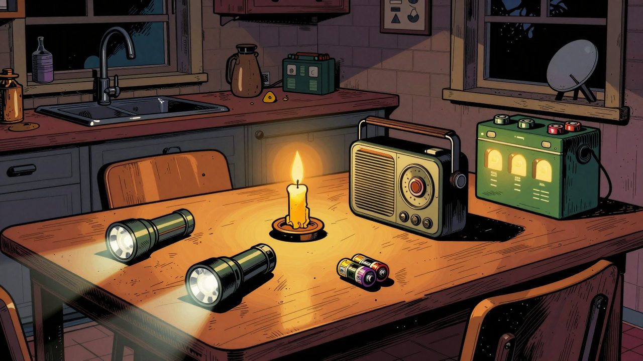Ilustración de una mesa de cocina iluminada con velas, con linternas, una radio portátil y pilas, una batería doméstica encendida y una antena de satélite tras la ventana
