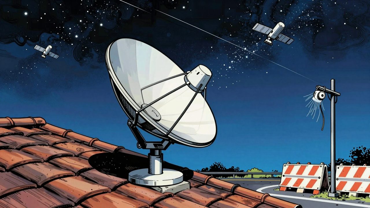 Ilustración de una antena de satélite plana sobre un tejado bajo un cielo estrellado, con un cable de fibra cortado colgando junto a unas obras