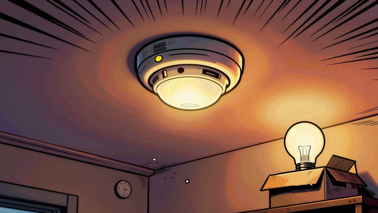 Ilustración de un salón con un detector de humo en el techo, un sensor de inundación junto a un charco y una bombilla inteligente desenchufada en una caja