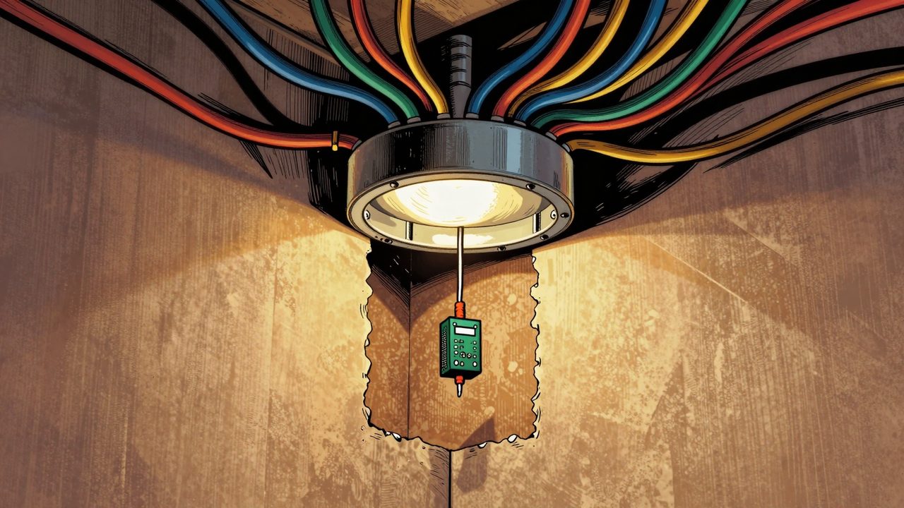 Ilustración de un pequeño relé inteligente colgando de sus cables dentro del hueco de un tabique de pladur, bajo una caja de registro redonda repleta de cables