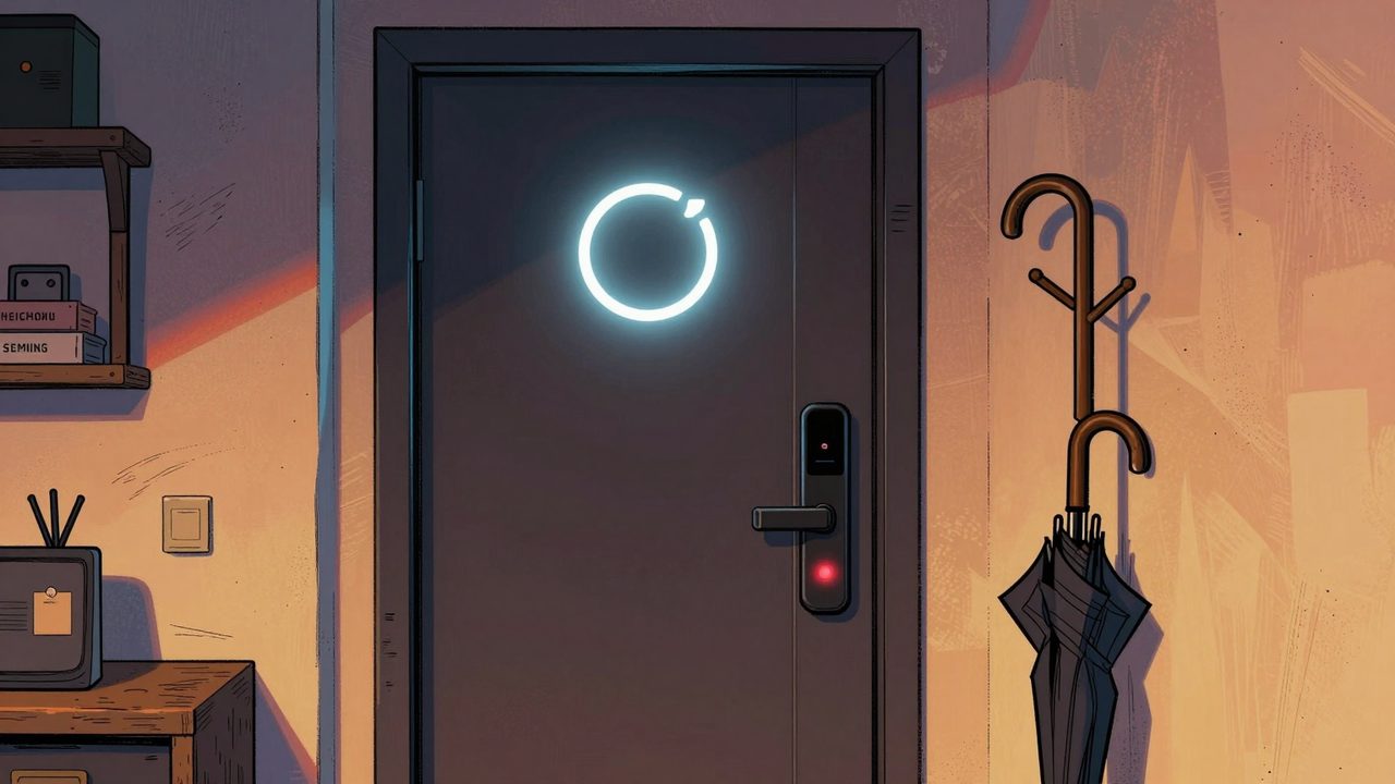 Ilustración de un recibidor con una puerta inteligente cerrada, una mirilla con pantalla encendida y un cerrojo electrónico con luz roja