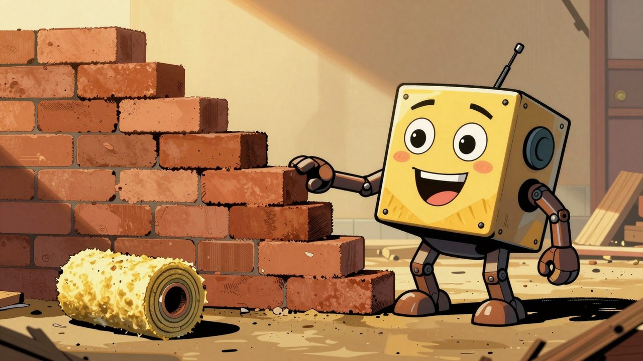 Ilustración de un robot albañil sonriente levantando un muro de ladrillos cada vez más torcido junto a un rollo de aislante olvidado