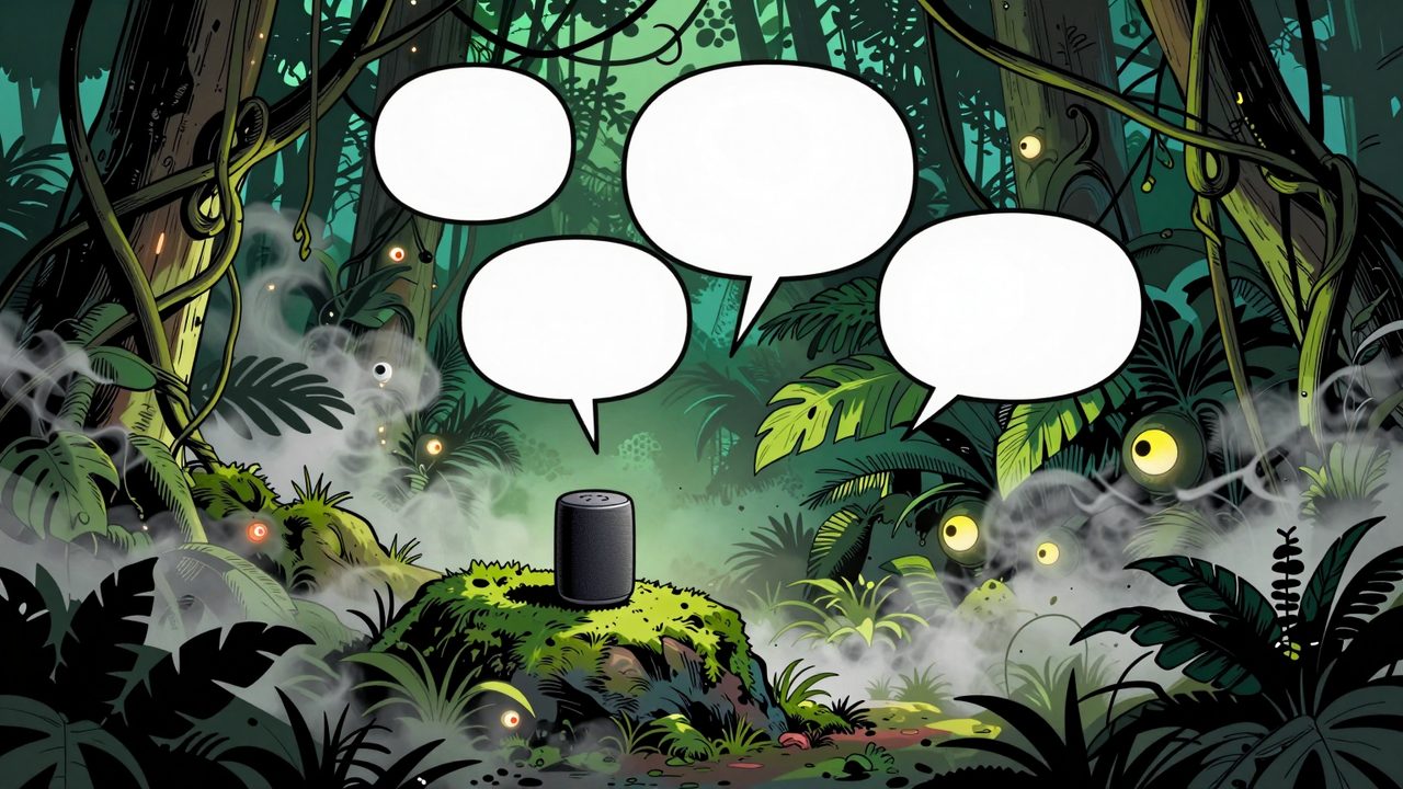 Ilustración de una jungla espesa cuyas lianas son bocadillos de comentarios enredados, con ojos brillantes entre las hojas y un altavoz inteligente perdido sobre una roca