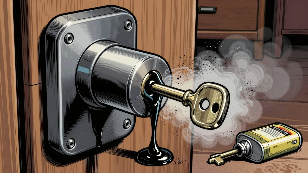 Ilustración de un bombín de cerradura rezumando pasta negra con una nube de polvo de grafito y una llave atascada a medio meter
