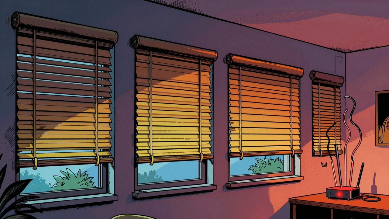 Ilustración de un salón al atardecer con varias persianas motorizadas atascadas a alturas desiguales y un punto de acceso wifi parpadeando en rojo