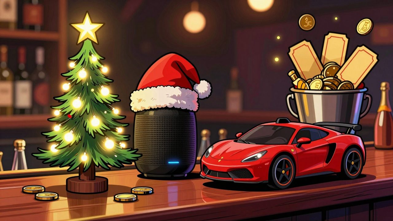 Ilustración de una barra de bar navideña con un altavoz inteligente con gorro de Papá Noel, un coche deportivo rojo de juguete y un montón de billetes dorados