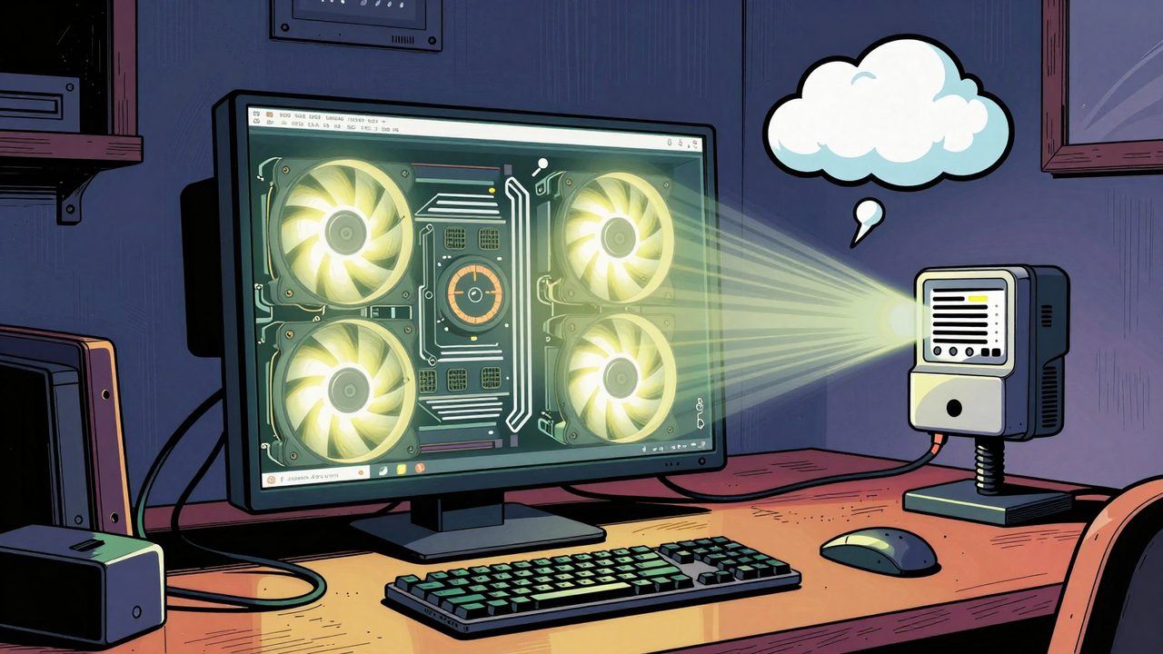 Ilustración de un ordenador potente para IA en casa conectado a un contador de luz desbocado, con una pequeña nube tranquila encima