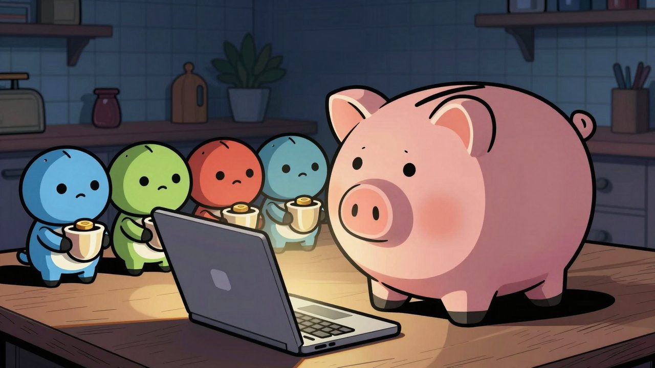 Ilustración de una hucha de cerdito rodeada por una fila de pequeños robots de colores que esperan su moneda junto a un portátil