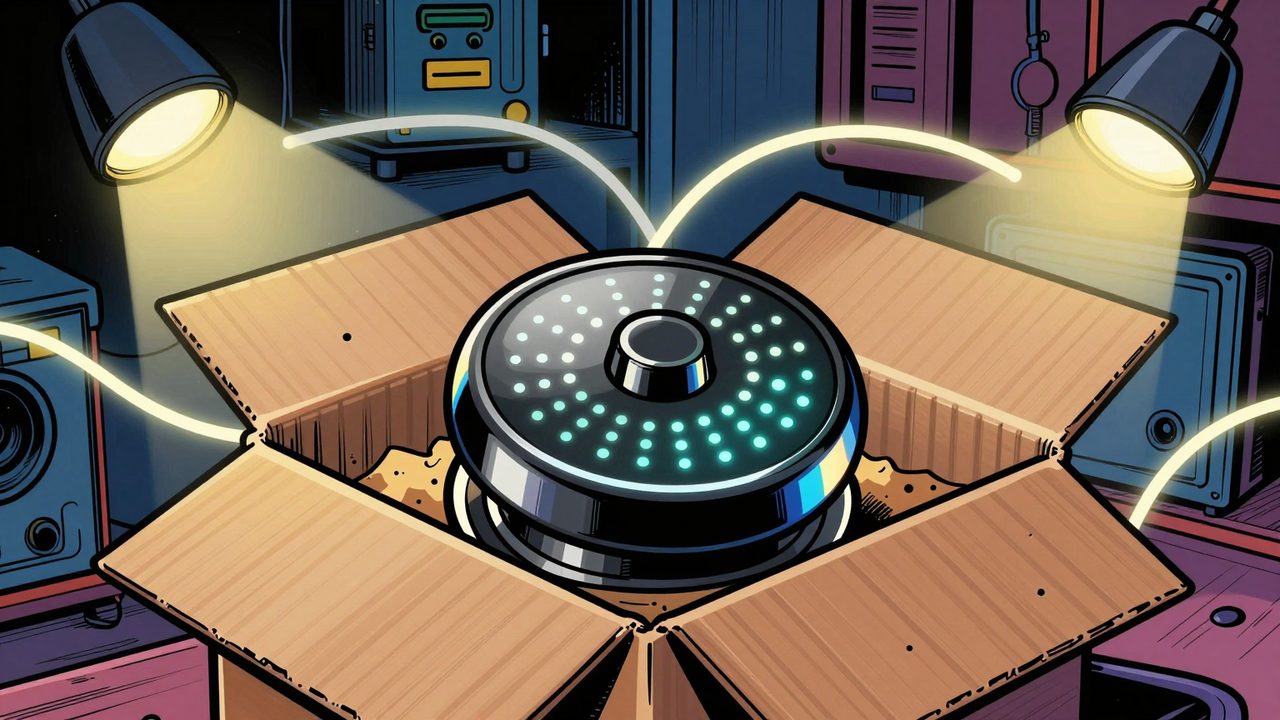 Ilustración de un botón inteligente con rueda y decenas de luces olvidado en su caja, rodeado de una maraña de conexiones