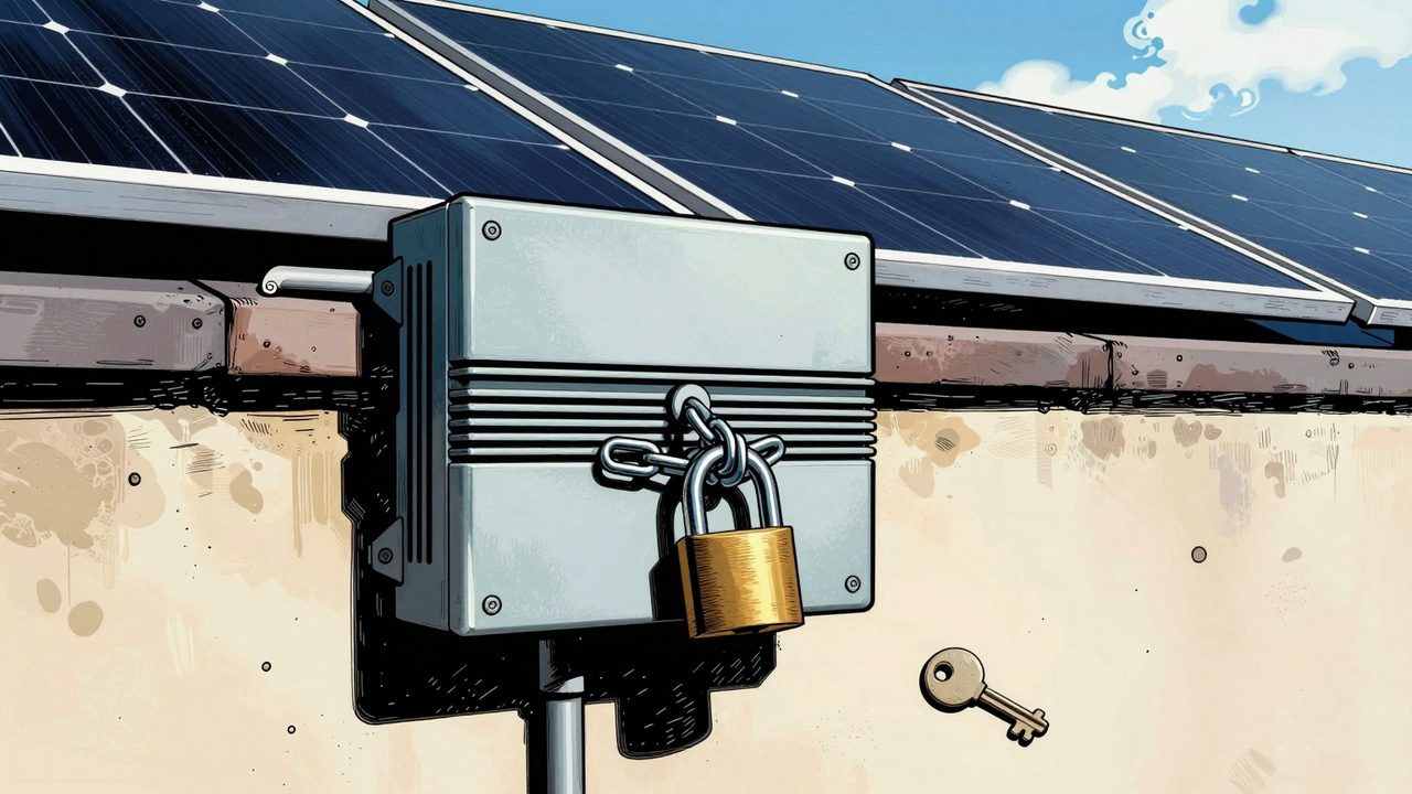 Ilustración de unas placas solares en un tejado con el inversor encadenado y cerrado con un enorme candado, y una llave inútil en el suelo