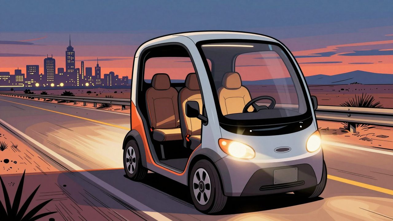 Ilustración de un taxi autónomo sin volante ni conductor circulando por una autopista del desierto al atardecer