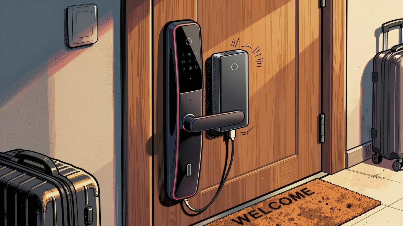 Ilustración de una cerradura inteligente en la puerta de un piso de alquiler con una batería externa pegada con cinta y una maleta junto al felpudo