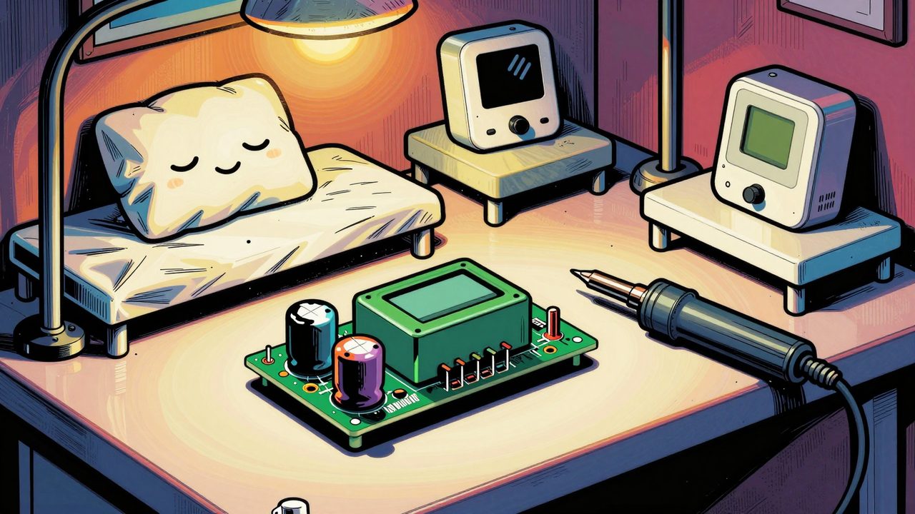 Ilustración de un pequeño hospital de dispositivos domóticos, con un módulo antiguo con un condensador quemado sobre la mesa de operaciones y sensores inalámbricos convalecientes