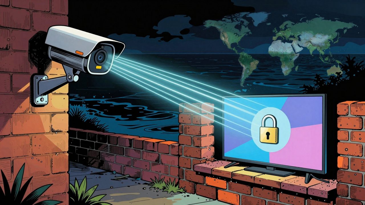 Ilustración de cámaras de seguridad exteriores enviando de noche haces de datos a un continente lejano, mientras una smart TV queda encerrada tras un muro de ladrillo con candado