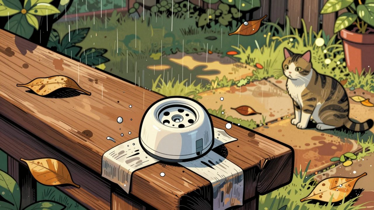 Ilustración de un sensor de fugas de agua improvisado como detector de lluvia en un patio, con un gato curioso mirándolo