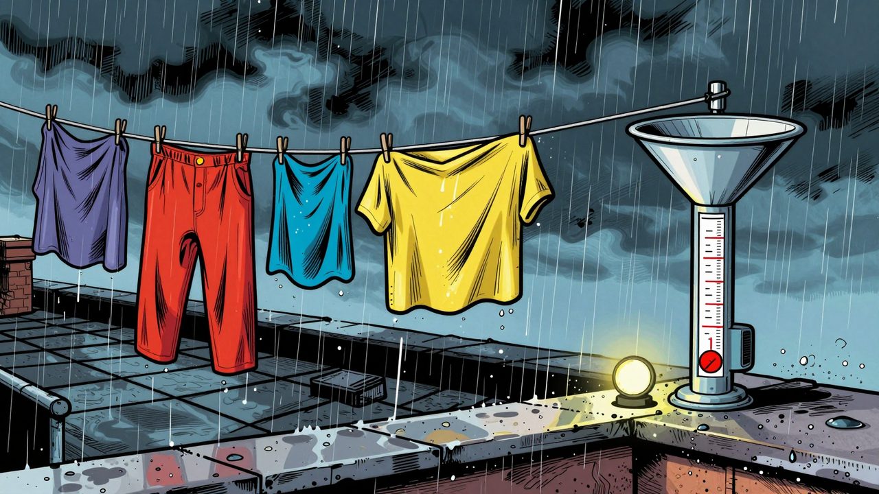 Ilustración de ropa tendida empapándose bajo la lluvia junto a un pluviómetro casi vacío que no se ha enterado