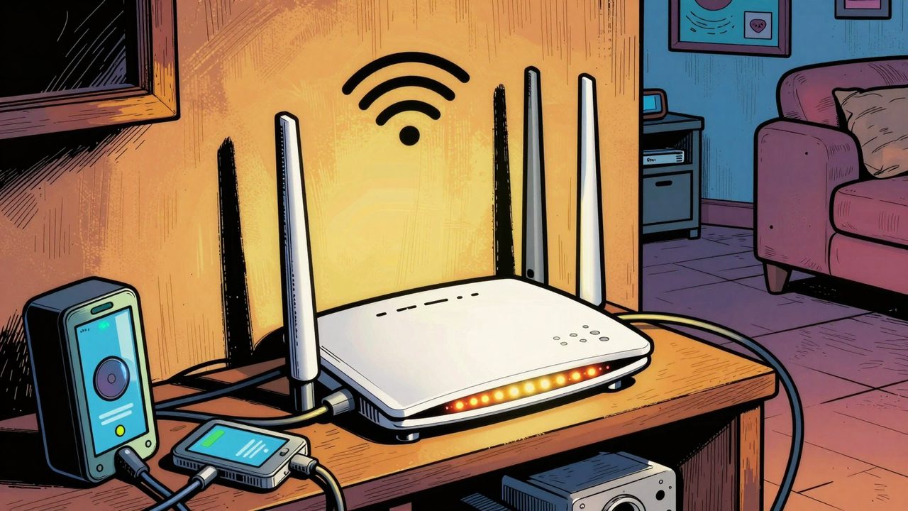 Ilustración de un router doméstico saturado y recalentado, rodeado de cables enredados y dispositivos inteligentes, con una señal wifi que no llega a las habitaciones
