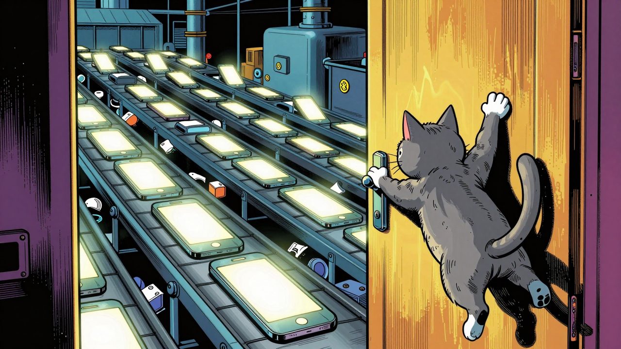 Ilustración de una gata abriendo una puerta colgada del picaporte mientras una cinta transportadora escupe montañas de pantallas de móvil como basura digital