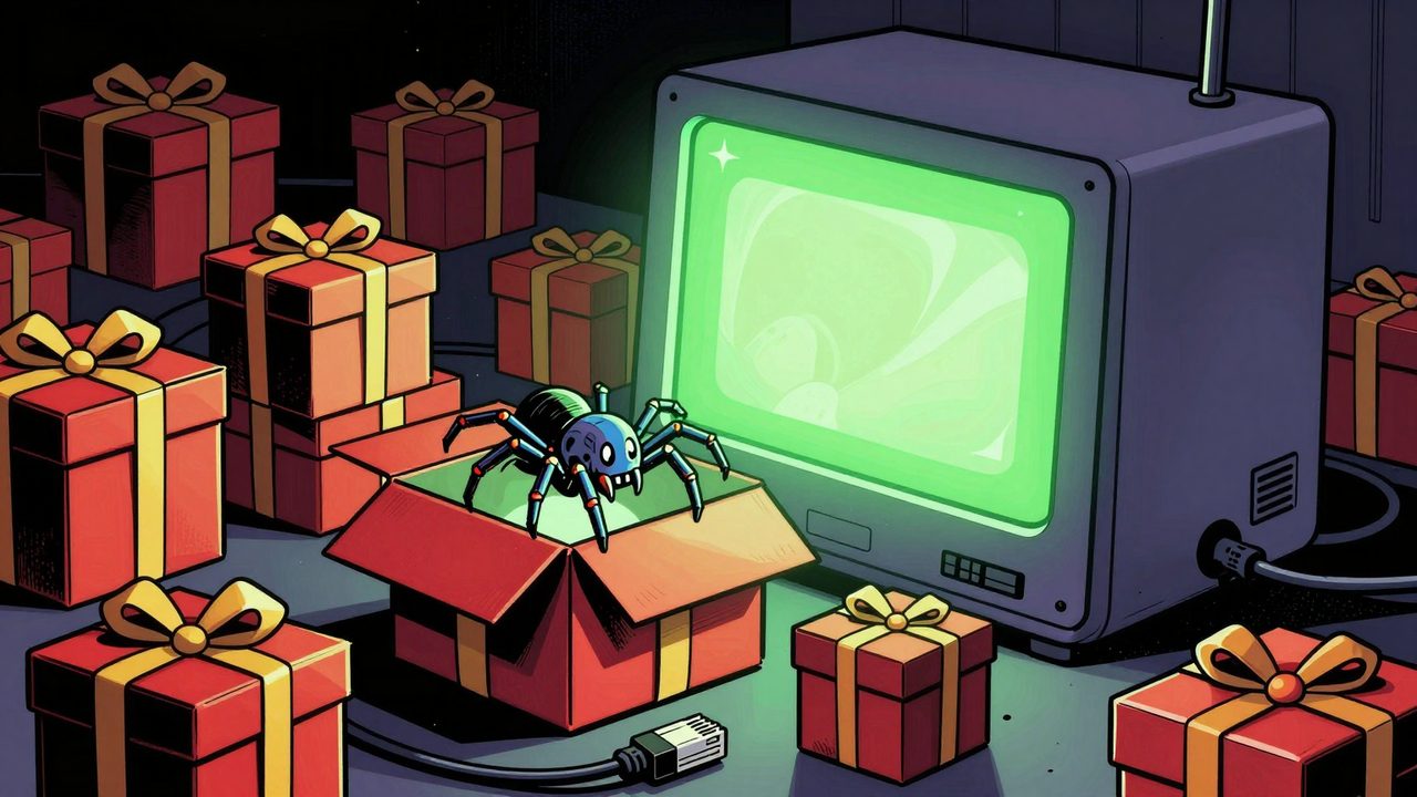 Ilustración de una terminal que suelta muchas cajas de regalo, y de una de ellas sale una araña mecánica hacia un cable de red