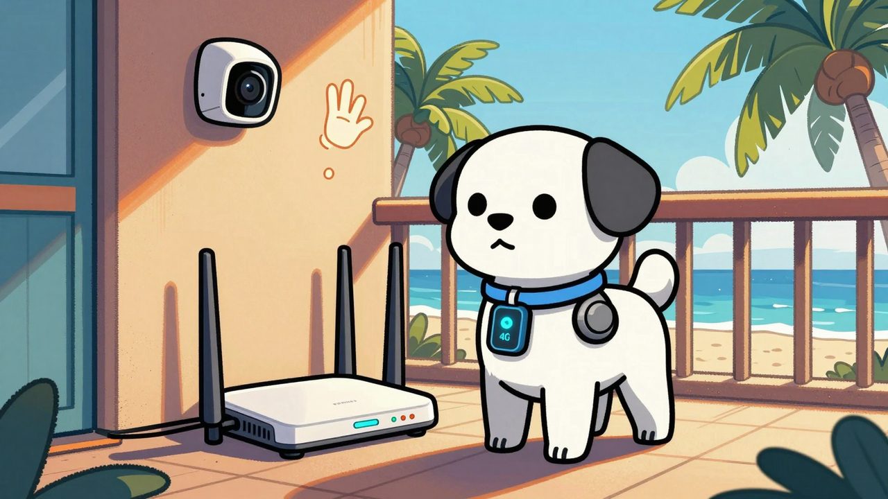Ilustración de un perrito robot con un enchufe inteligente como collar que vigila un router 4G en el balcón de un apartamento de playa
