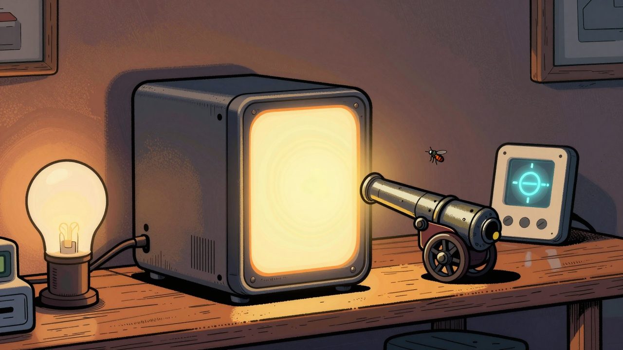 Ilustración de un servidor doméstico brillante en una estantería, con un pequeño cañón apuntando a una mosca diminuta y dispositivos inteligentes alrededor