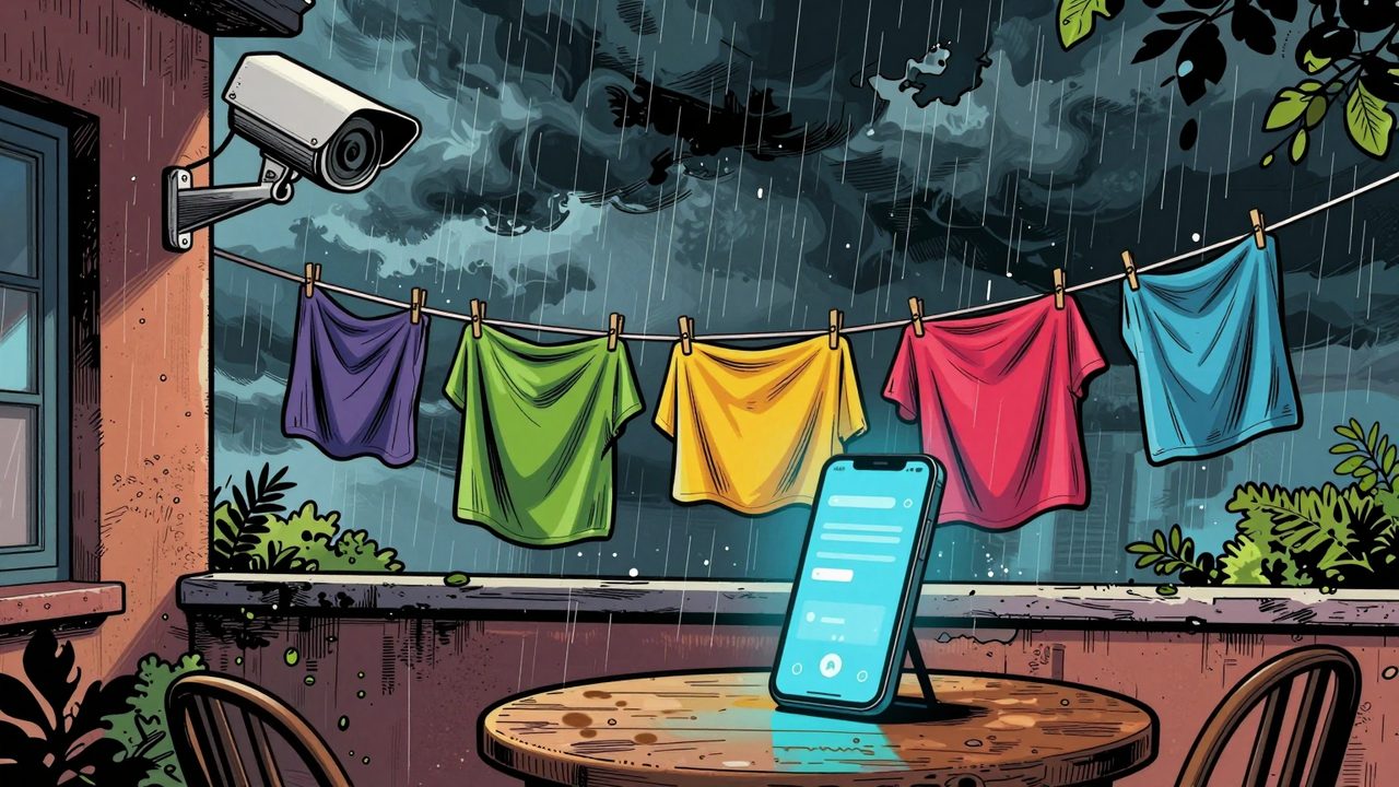Ilustración de una cámara de vigilancia en una terraza que vigila la ropa tendida mientras llega una tormenta y un móvil se ilumina con un aviso